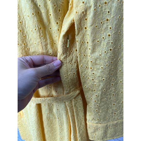 Talbots Yellow Eyelet Midi Shirt Dress Belt Size 8 3/4 Sleeves Button Front - Picture 6 of 8